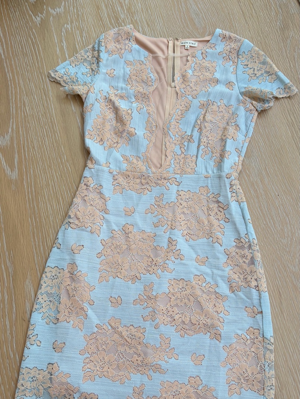 Main Strip Light Blue Dress with Peach Lace Overlay Deep plunge